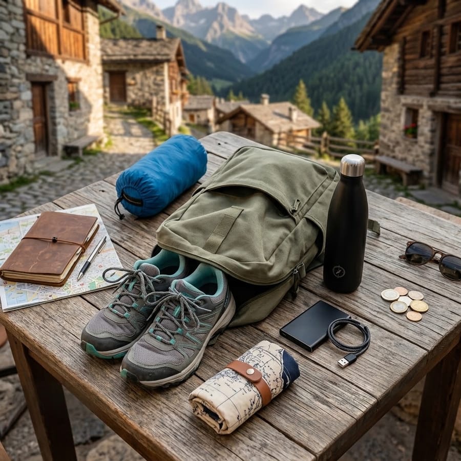 Flat-lay of travel essentials